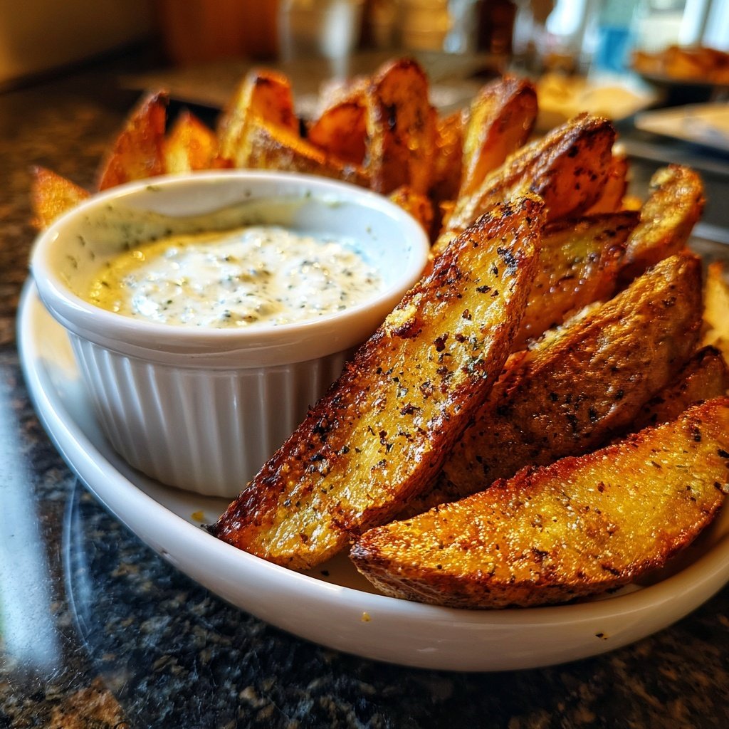Mittagessen mit Ofenkartoffeln und Dip
