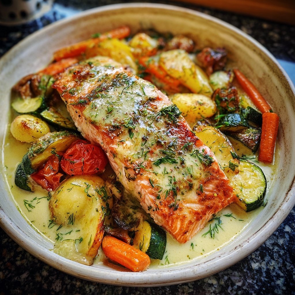 Lachs mit Ofengemüse & Zitronen-Dill-Sauce