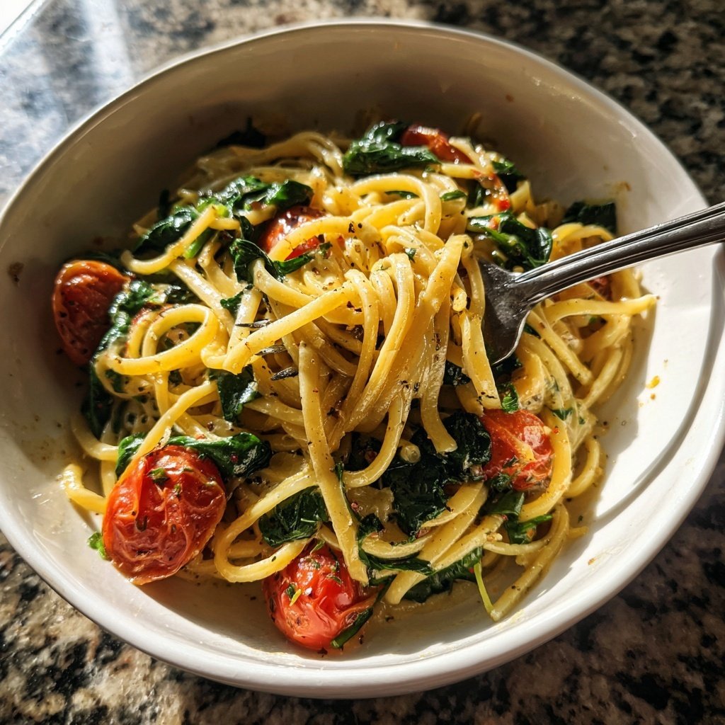 One-Pot Pasta mit Tomaten & Spinat