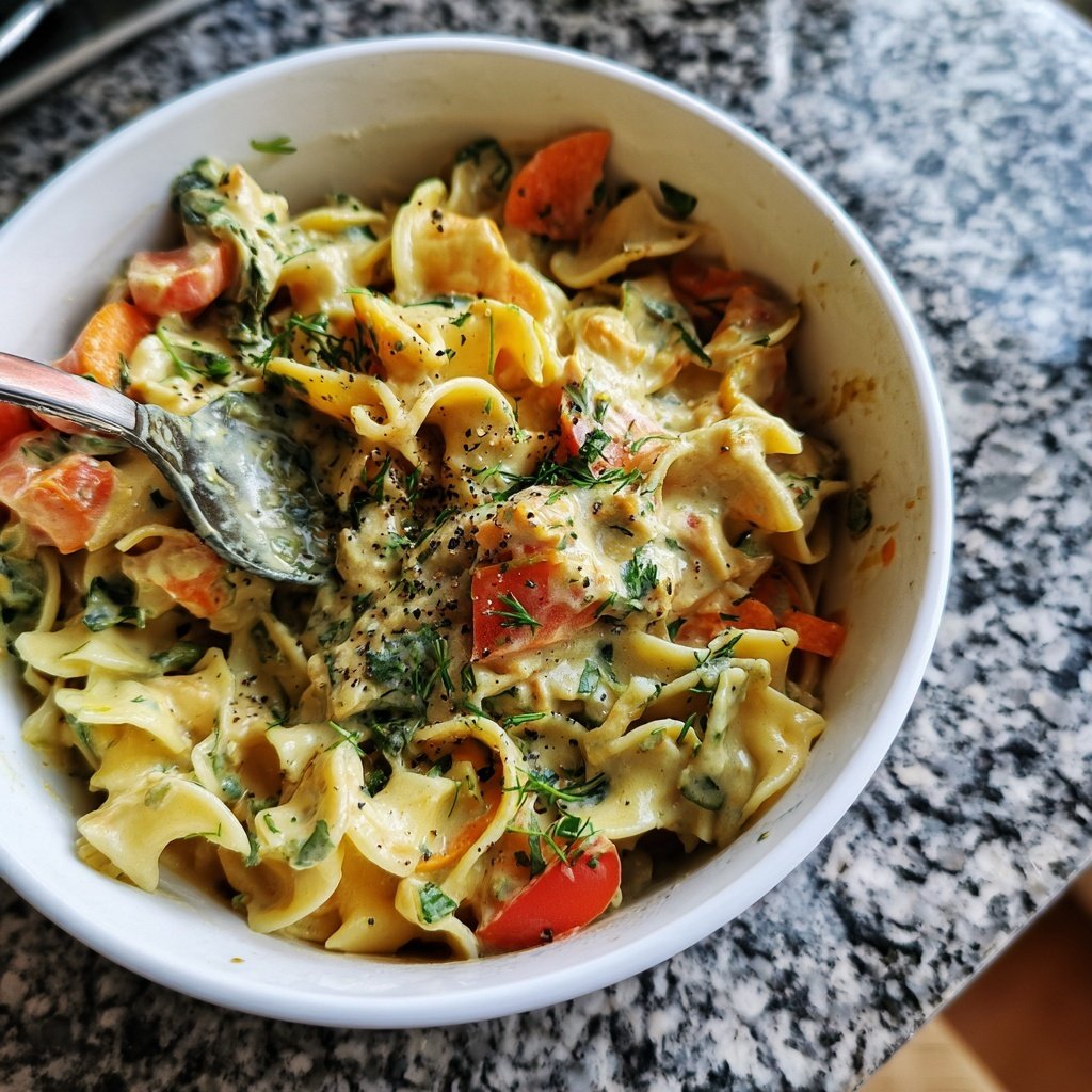Mittagessen mit Gemüse und Nudeln